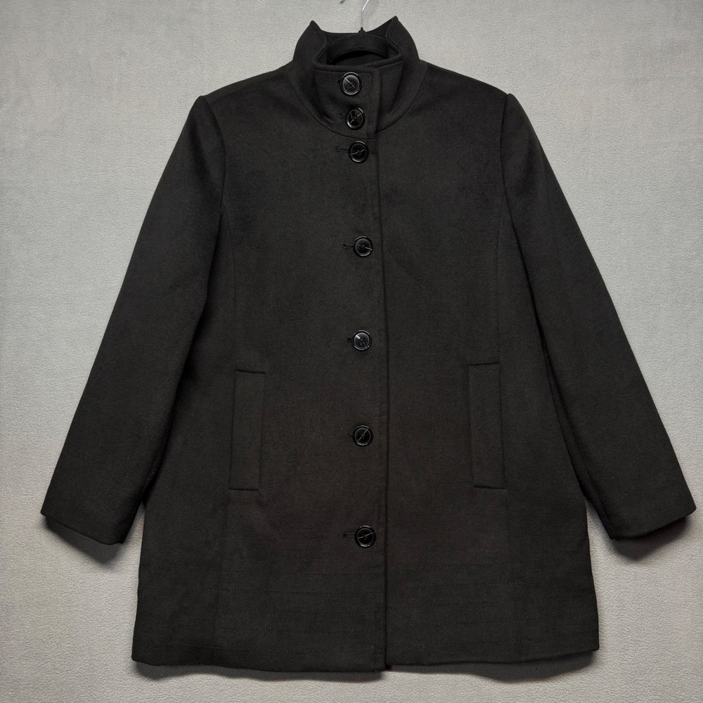 Lands End Button Up Black Pea Coat 14P Mock Neck Classic Preppy Minimalist Chic